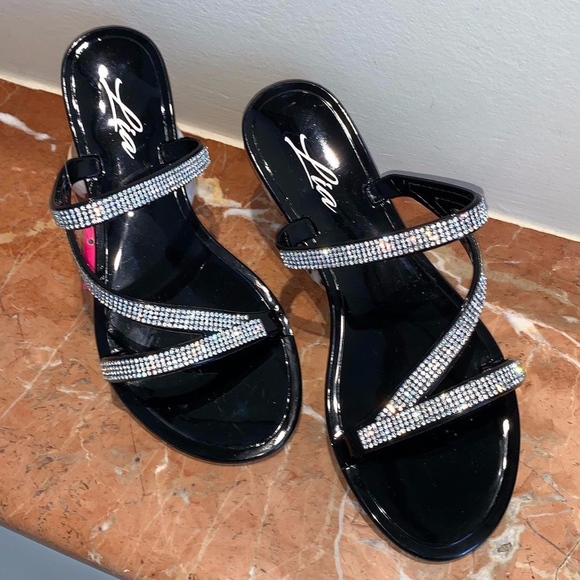 New Black Rhinestone Flat Jelly Sandals - Picture 2 of 3